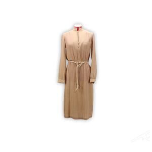 80s Vintage Dress - Beige Cottagecore Midi Dress - Size Medium